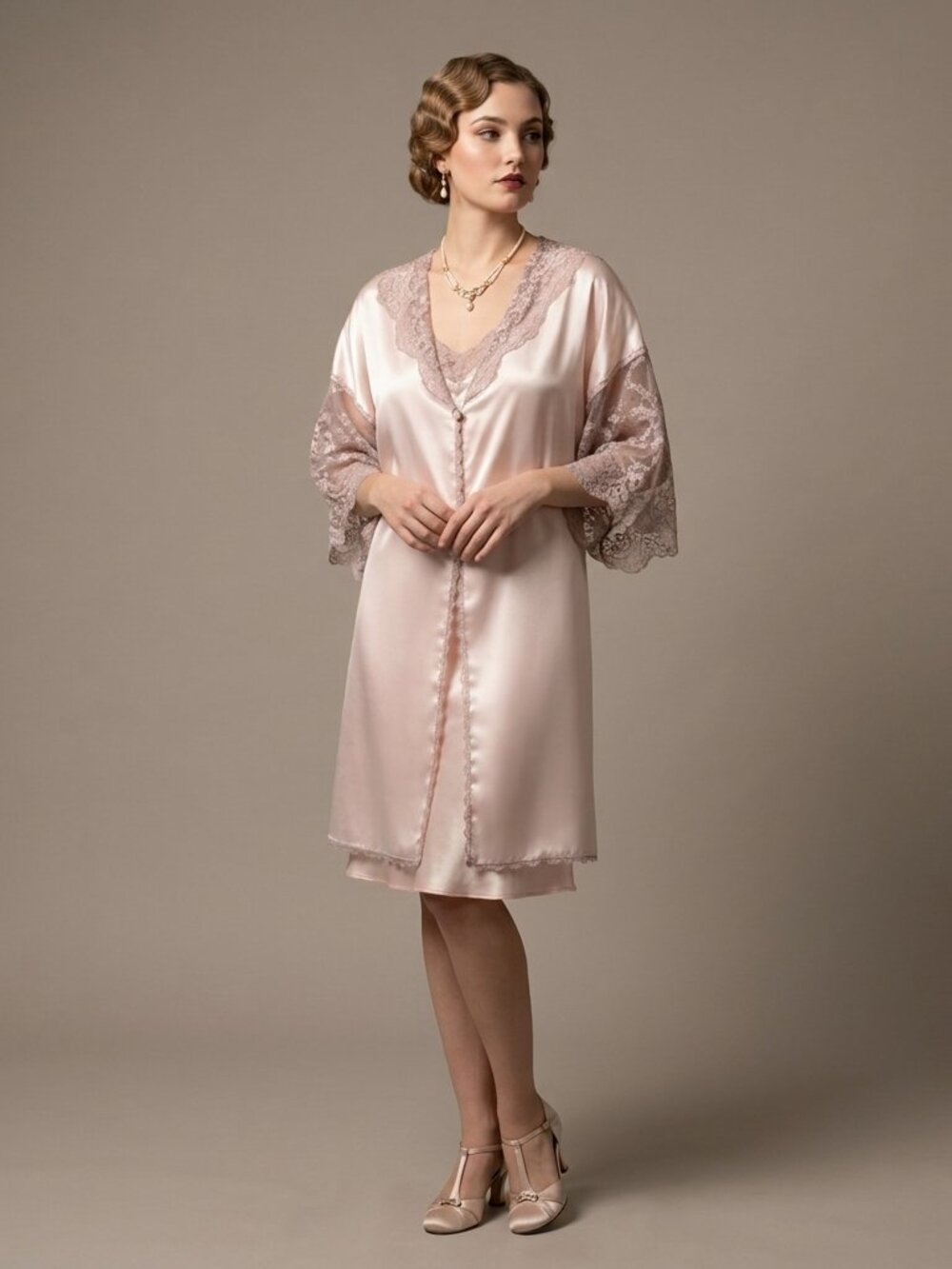 Two Piece Set | Rare vintage pink Colesce Couture négligée slip dressing gown